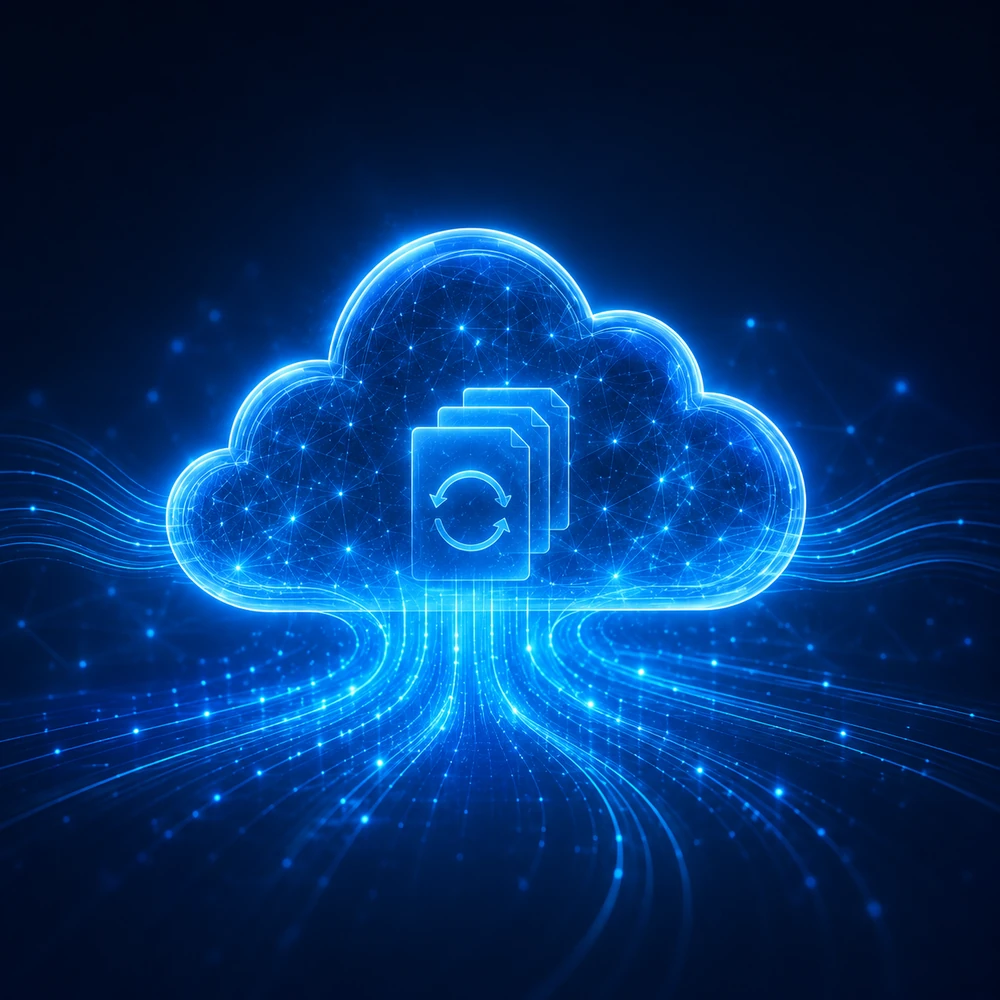 Wireframe cloud with data flow lines representing Microsoft 365 migration and hybrid cloud infrastructure